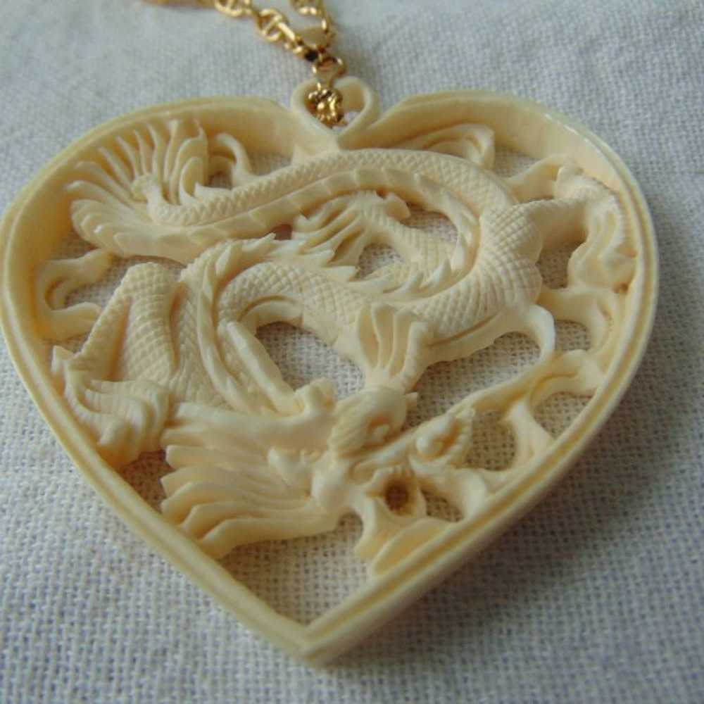 vntage carved genuine tusk dragon heart pendant n… - image 2