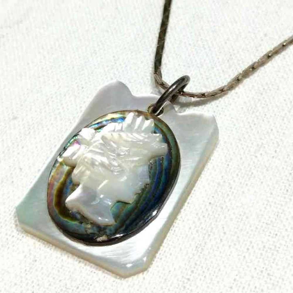 CARVED MOTHER OF PEARL CAMEO PENDANT STERLING SIL… - image 1