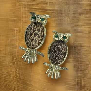 Owls Fashion Jewelry Two Brooch Unsigned Green Ey… - image 1