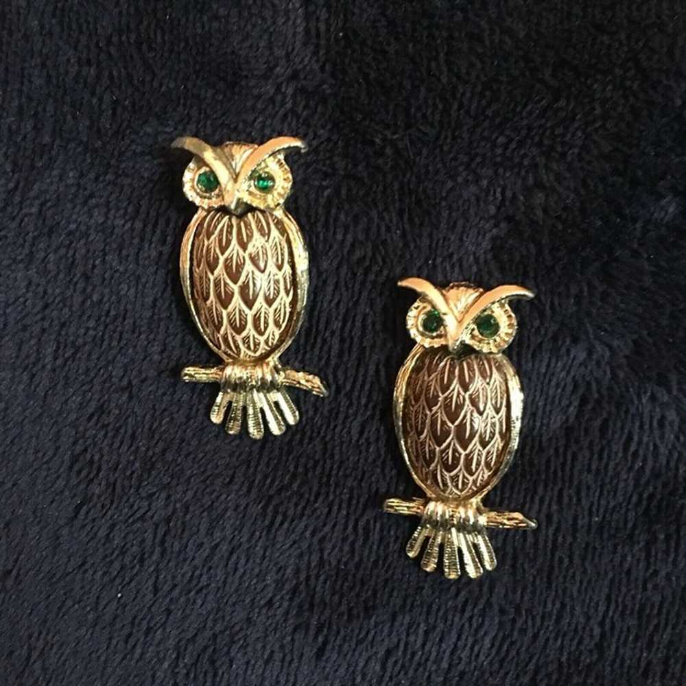 Owls Fashion Jewelry Two Brooch Unsigned Green Ey… - image 2