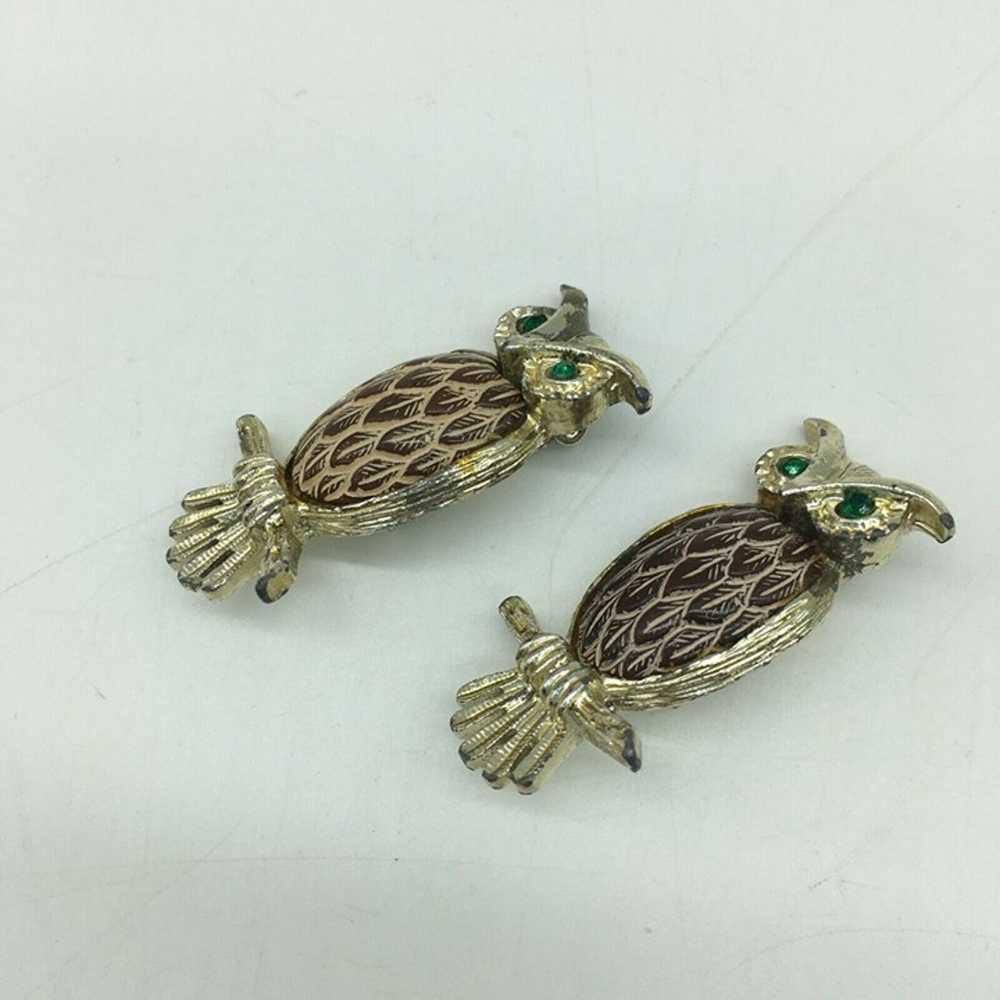 Owls Fashion Jewelry Two Brooch Unsigned Green Ey… - image 3