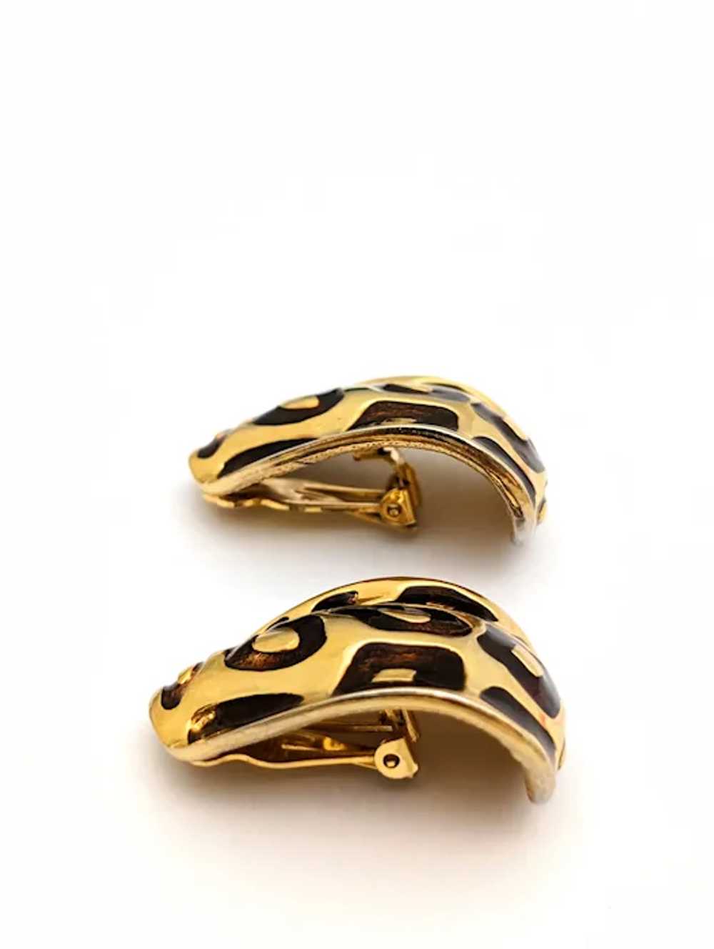 Gold Tone Enamel Spotted Animal Print Clip On Ear… - image 2