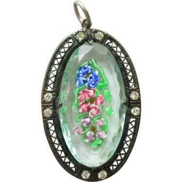 Antique Art 2024 Nouveau Czech Flower Intaglio Glass Pendant Necklace (A472)