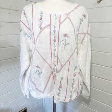 Vintage Cottagecore Hand Knit Floral Cardigan Swe… - image 1