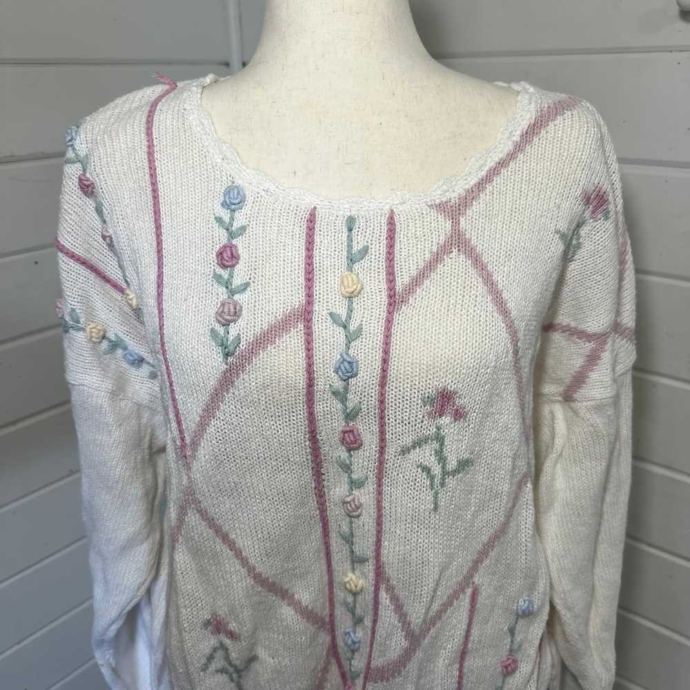 Vintage Cottagecore Hand Knit Floral Cardigan Swe… - image 2