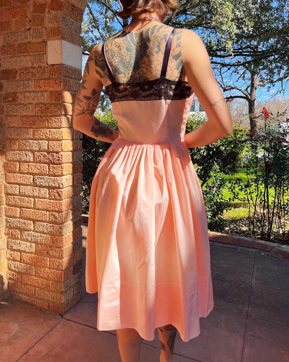 40s blush pink taffeta + black lace dress (S) - image 10