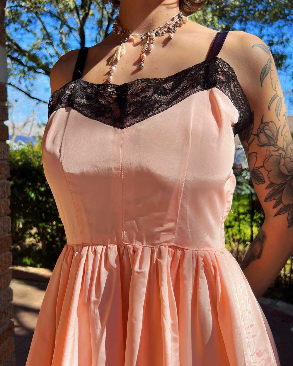 40s blush pink taffeta + black lace dress (S) - image 11