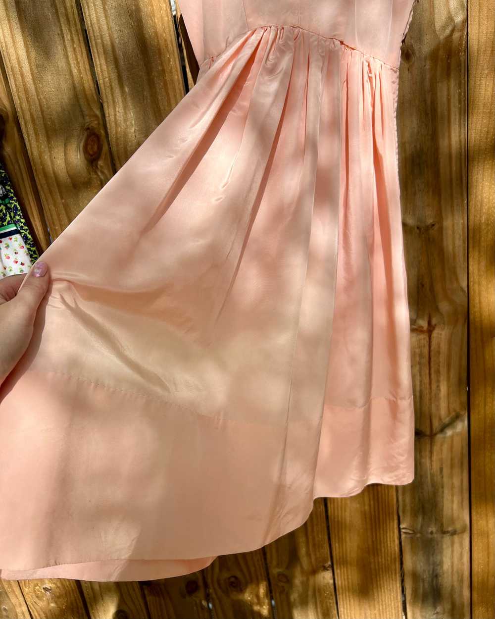 40s blush pink taffeta + black lace dress (S) - image 12