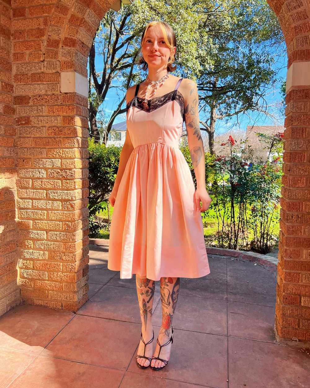 40s blush pink taffeta + black lace dress (S) - image 1