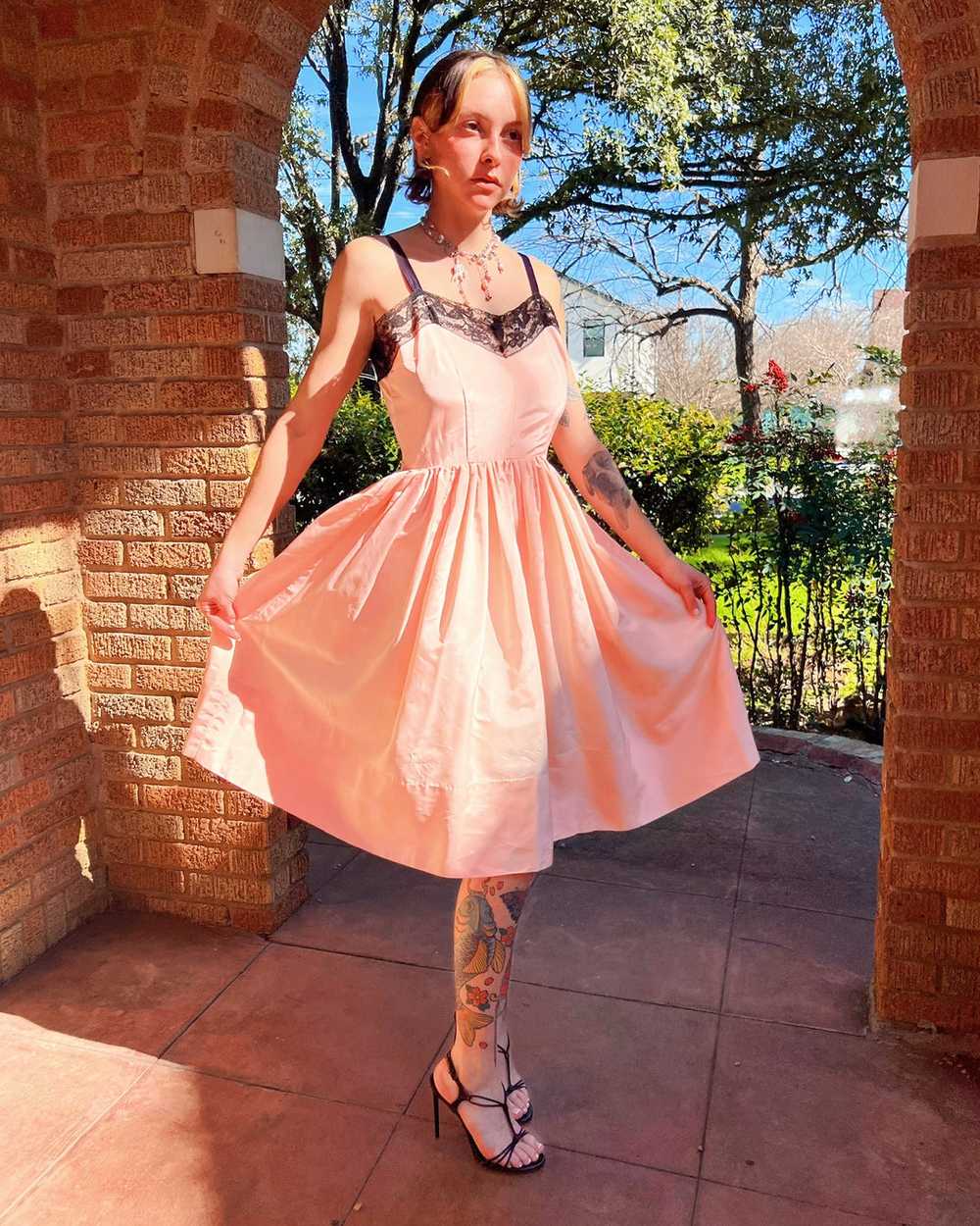 40s blush pink taffeta + black lace dress (S) - image 3