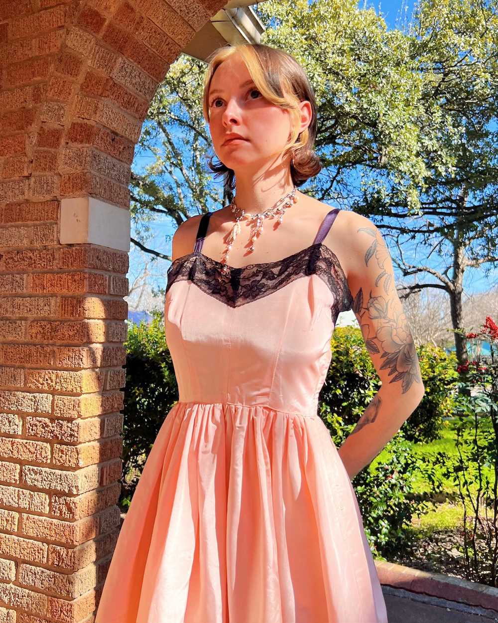 40s blush pink taffeta + black lace dress (S) - image 7