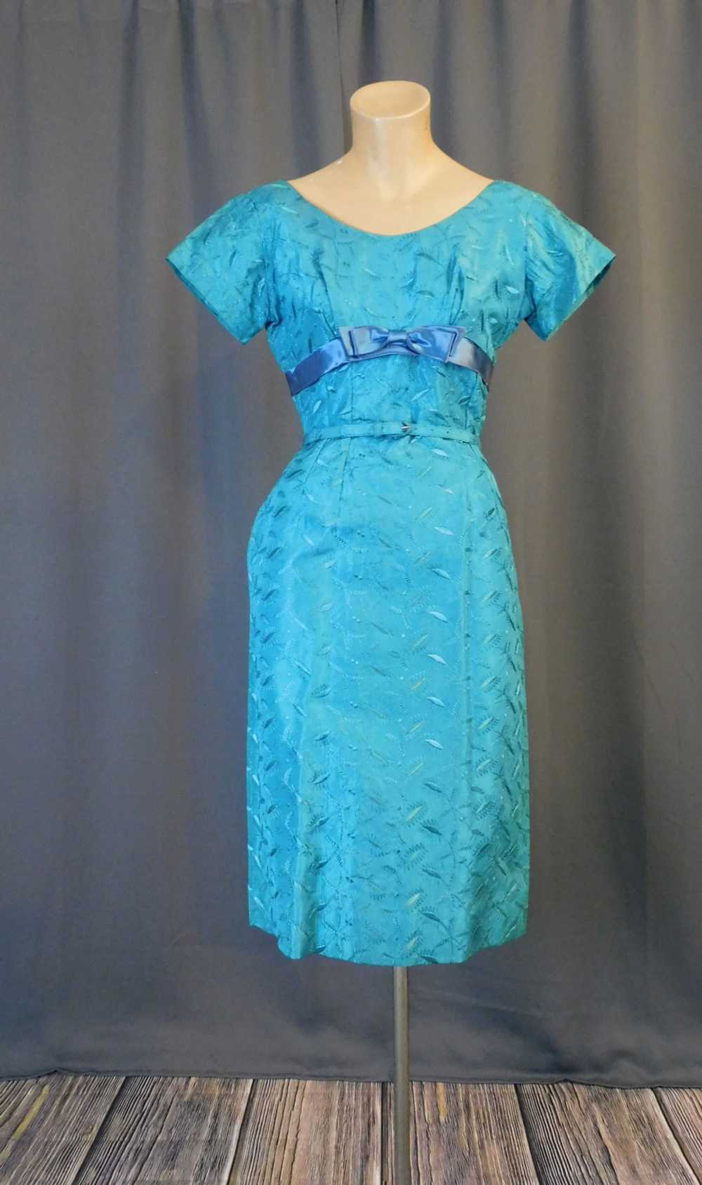 Vintage Embroidered Turquoise Dress 1950s 1960s, … - image 2