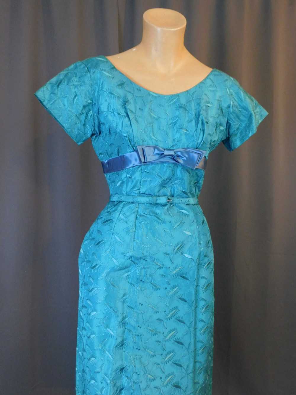 Vintage Embroidered Turquoise Dress 1950s 1960s, … - image 4
