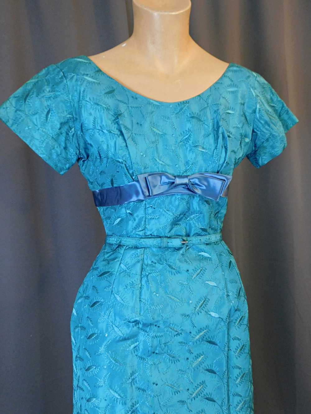 Vintage Embroidered Turquoise Dress 1950s 1960s, … - image 5