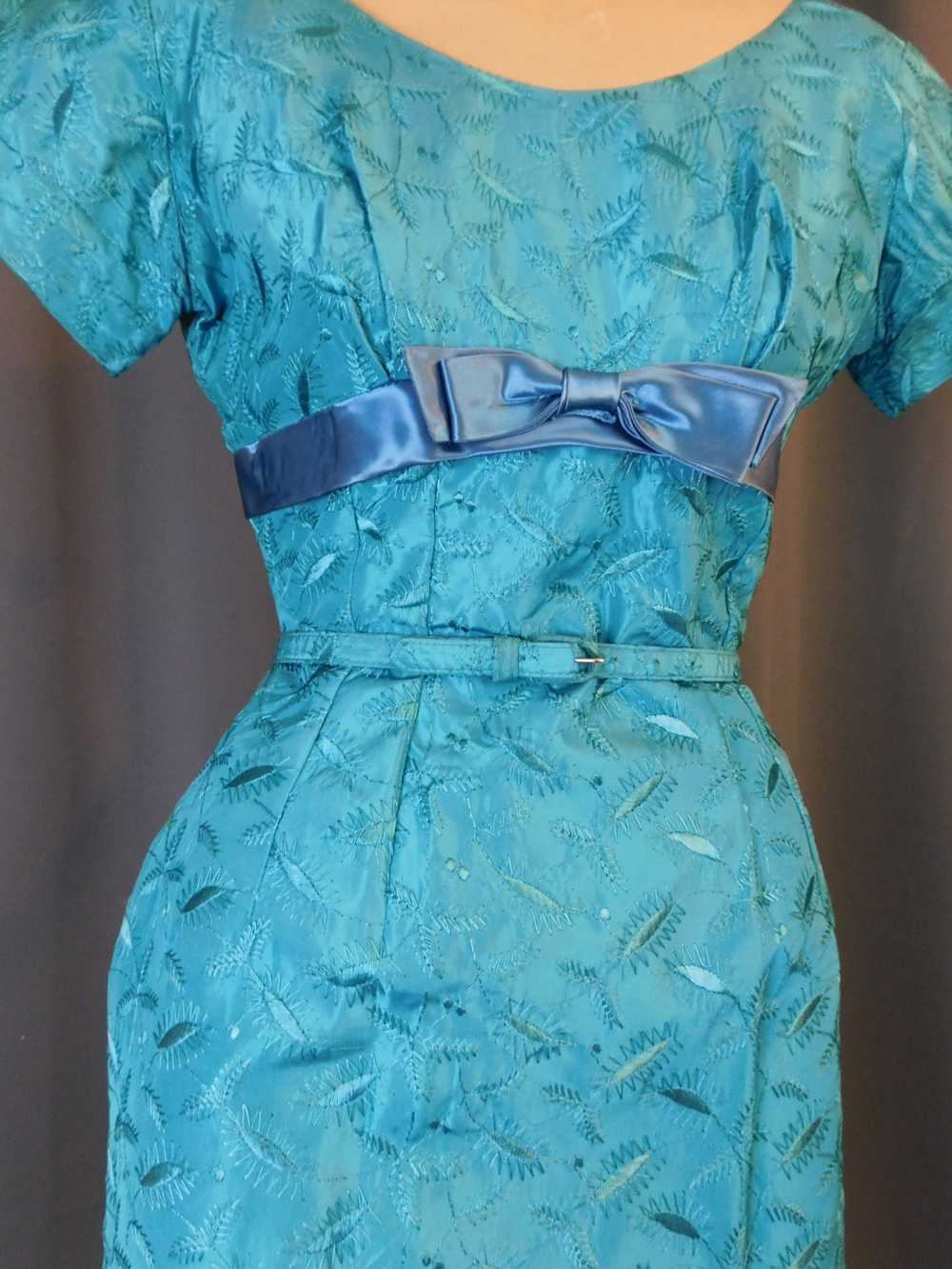 Vintage Embroidered Turquoise Dress 1950s 1960s, … - image 7