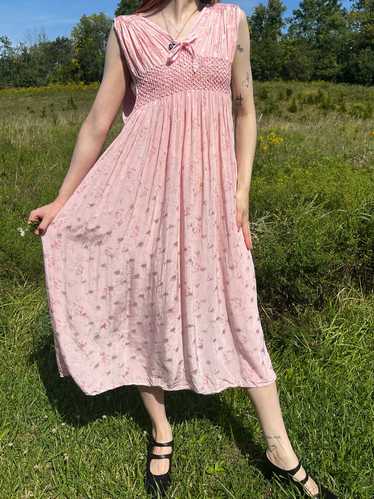 1940s Smocked Pink Rayon Floral Brocade Satin Slip