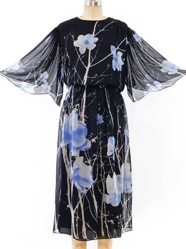 Hanae Mori Floral Print Silk Chiffon Dress