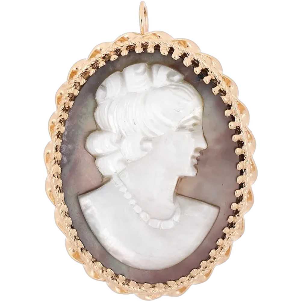 Black Mother-Of-Pearl Cameo Brooch Pin Pendant Ov… - image 1