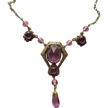 Antique Purple Glass Brass Gilt Necklace