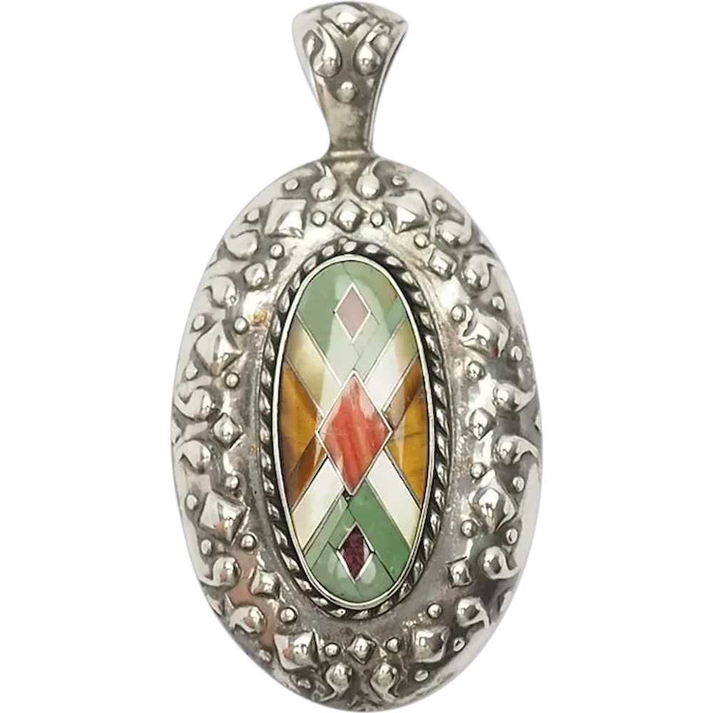 Elegant vintage sterling silver inlaid gemstones … - image 1