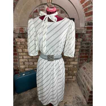 dress puff sleeve diagonal stripe vintage 1980s w… - image 1