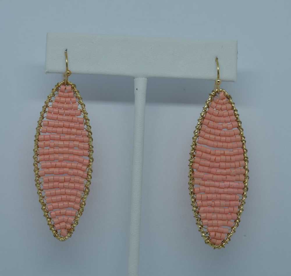 Oval Peach Beaded Earrings Outlined With Gold Bea… - image 1