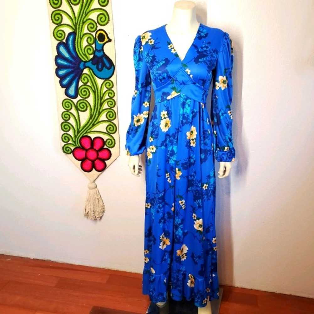 Vintage 70s Blue Floral Dress Prairie - image 1