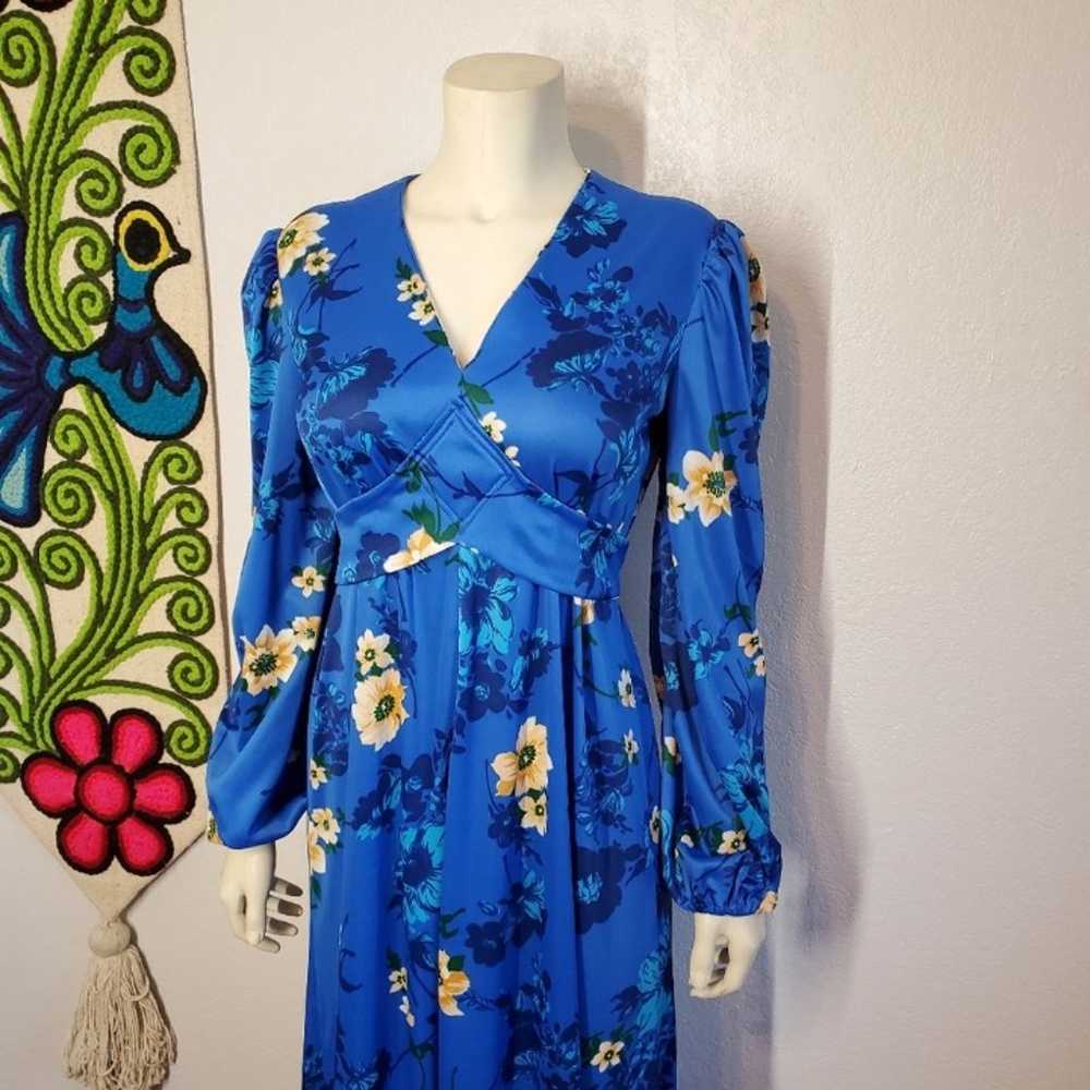 Vintage 70s Blue Floral Dress Prairie - image 2