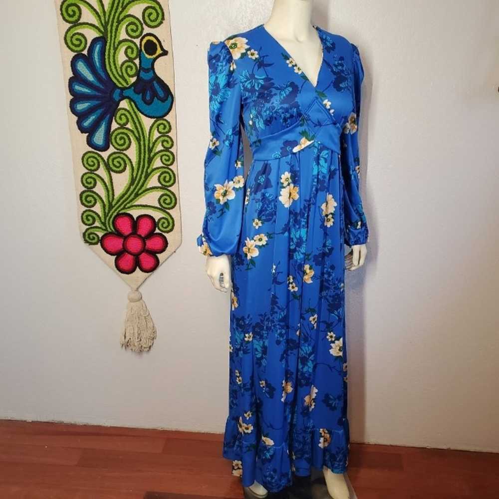 Vintage 70s Blue Floral Dress Prairie - image 4