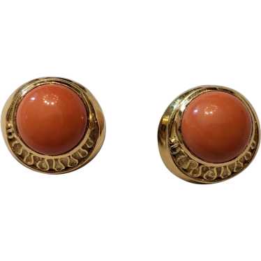 Vintage Signed 18k Yellow Gold And Coral Earrings