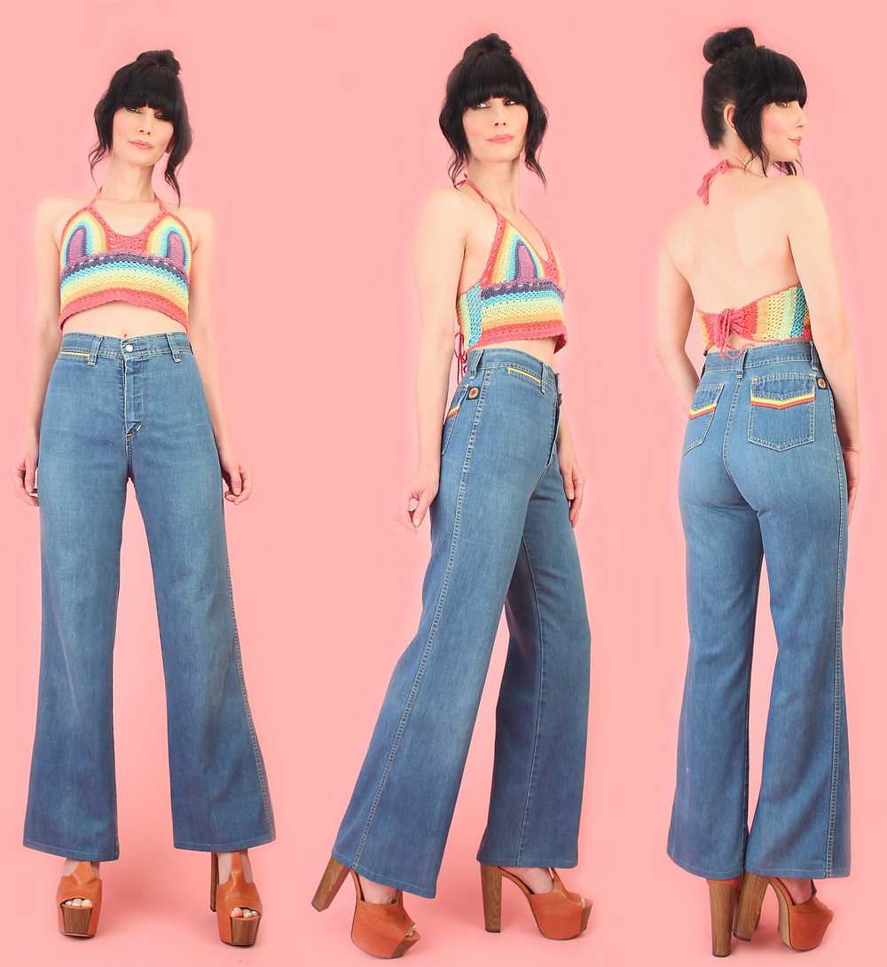 Vintage 70's Colorful Striped Bell Bottom Jeans b… - image 1