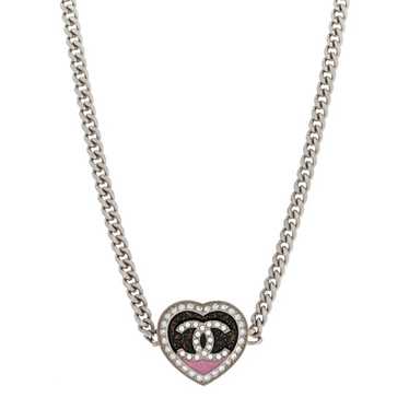 CHANEL Resin Crystal Glitter CC Heart Necklace Sil