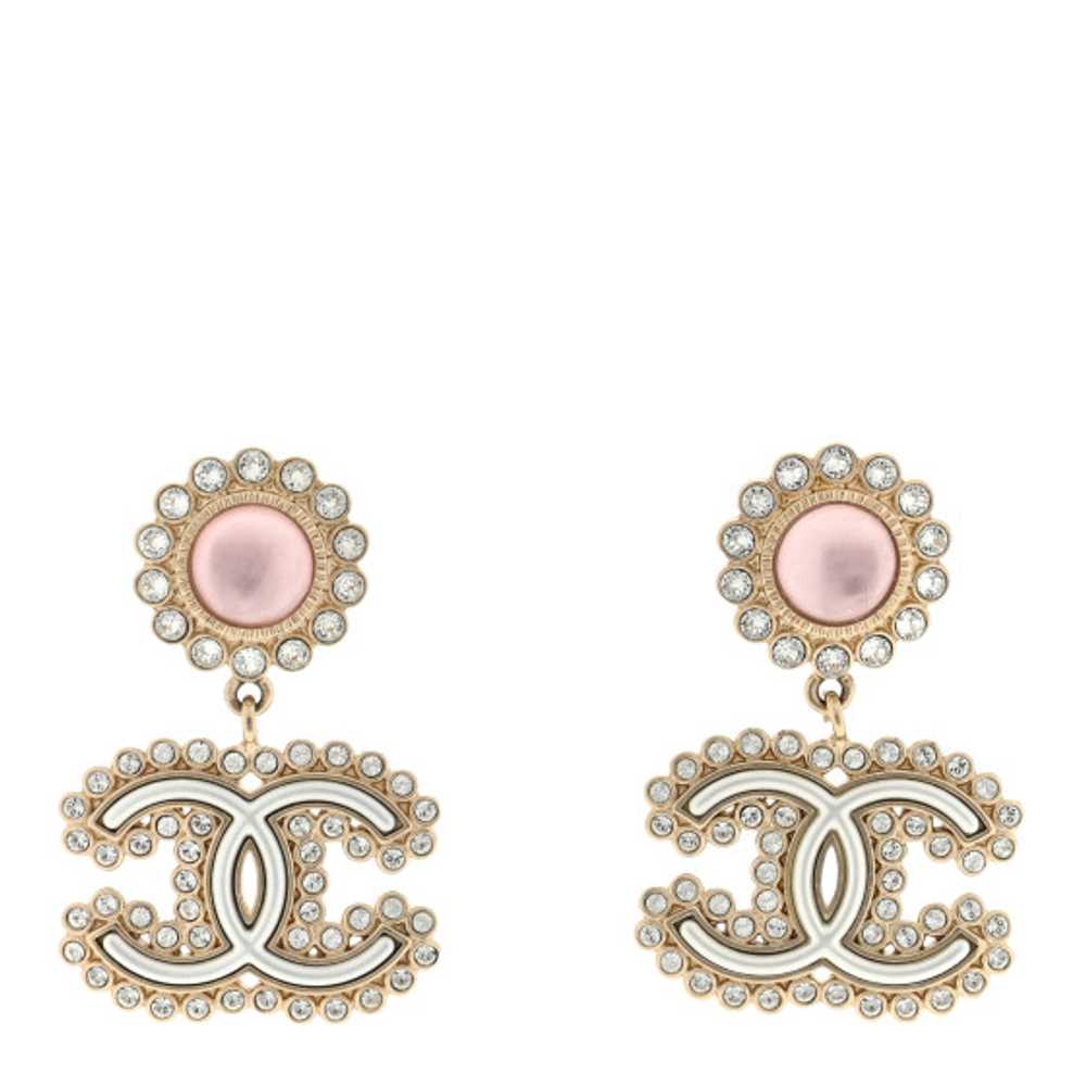 CHANEL Metal Crystal Pearl CC Drop Earrings Pink … - image 1