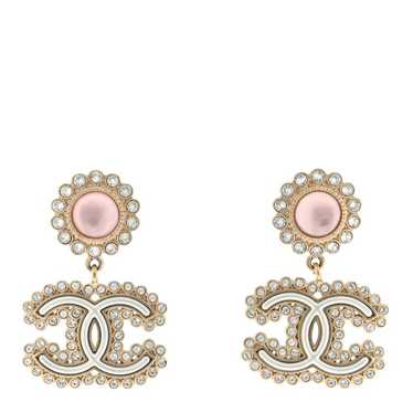 CHANEL Metal Crystal Pearl CC Drop Earrings Pink … - image 1