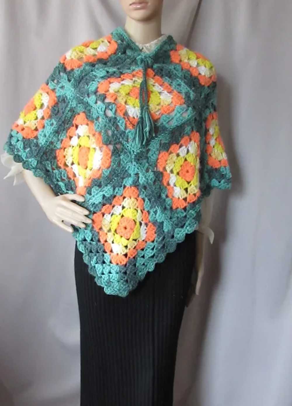 Nostalgic Granny Square Crochet Poncho Hand Made - image 2