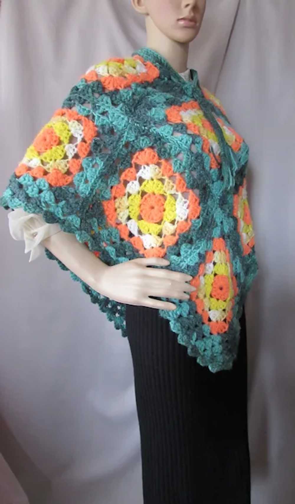 Nostalgic Granny Square Crochet Poncho Hand Made - image 3