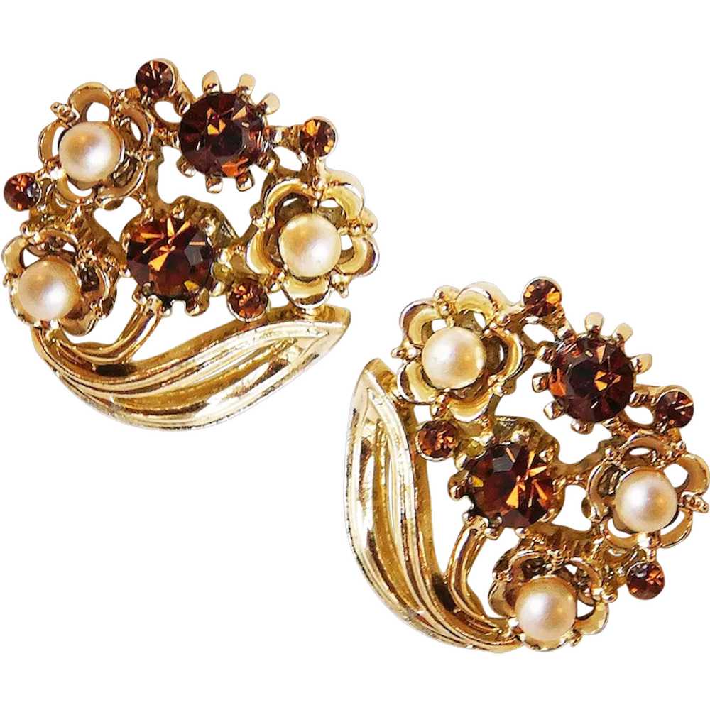 Gorgeous LISNER Brown Rhinestone Vintage Earrings… - image 1