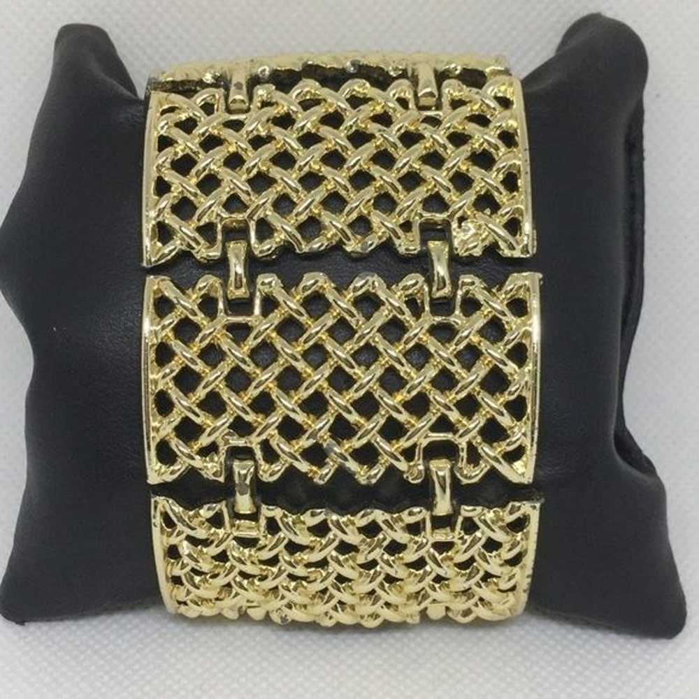 Vintage Wide Light Gold Bracelet, Basket Weave De… - image 1