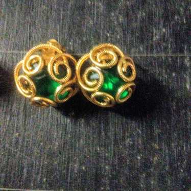 Beautiful Gold Swirl and Green Crystal Earrings - image 1