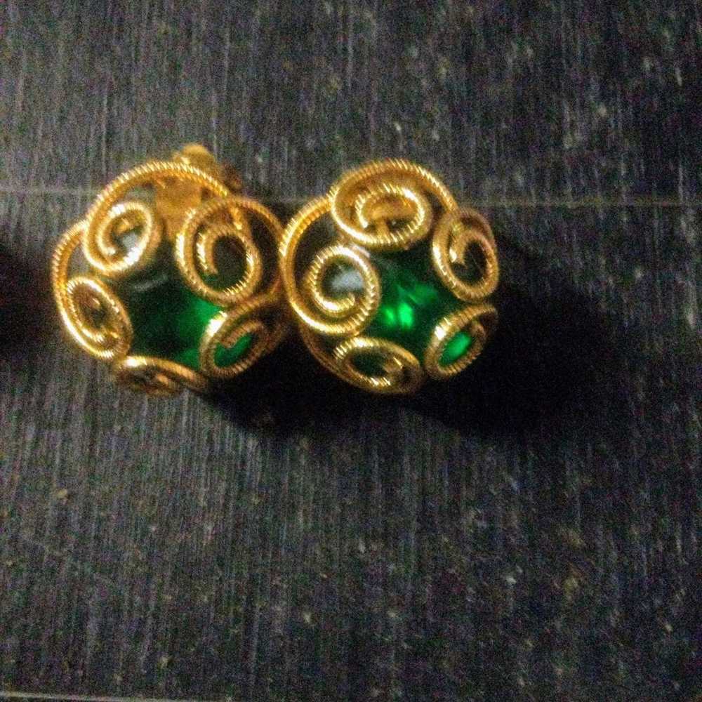 Beautiful Gold Swirl and Green Crystal Earrings - image 3