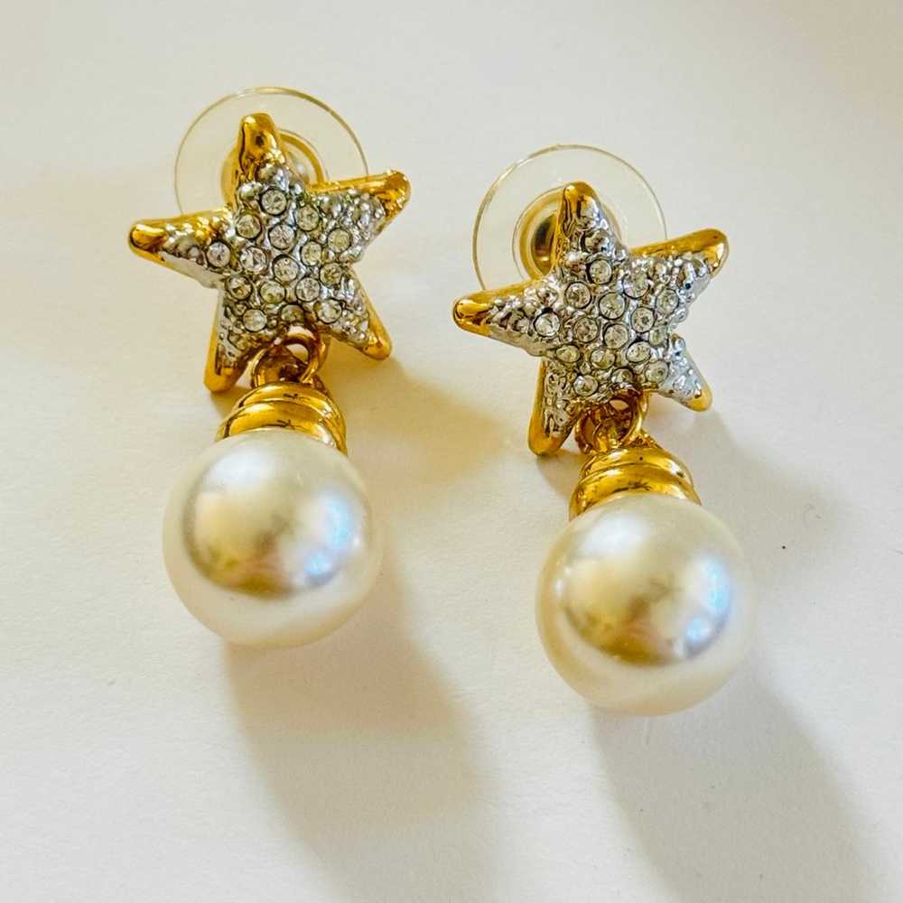 VTG Earrings Star Gold Tone Rhinestone Pearl Drop… - image 2