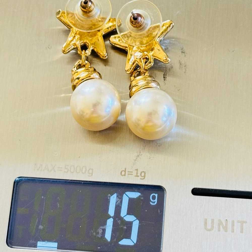 VTG Earrings Star Gold Tone Rhinestone Pearl Drop… - image 3