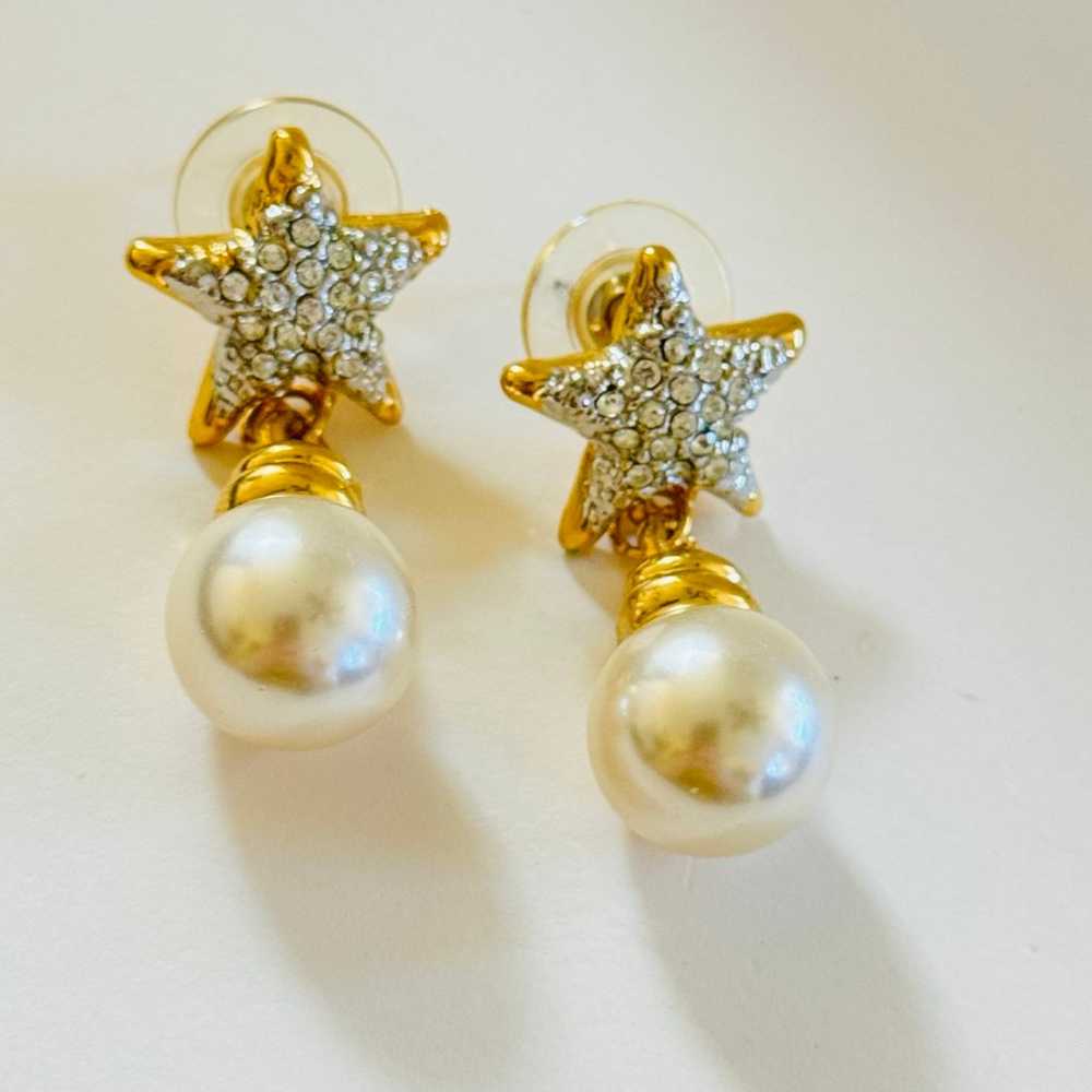 VTG Earrings Star Gold Tone Rhinestone Pearl Drop… - image 4