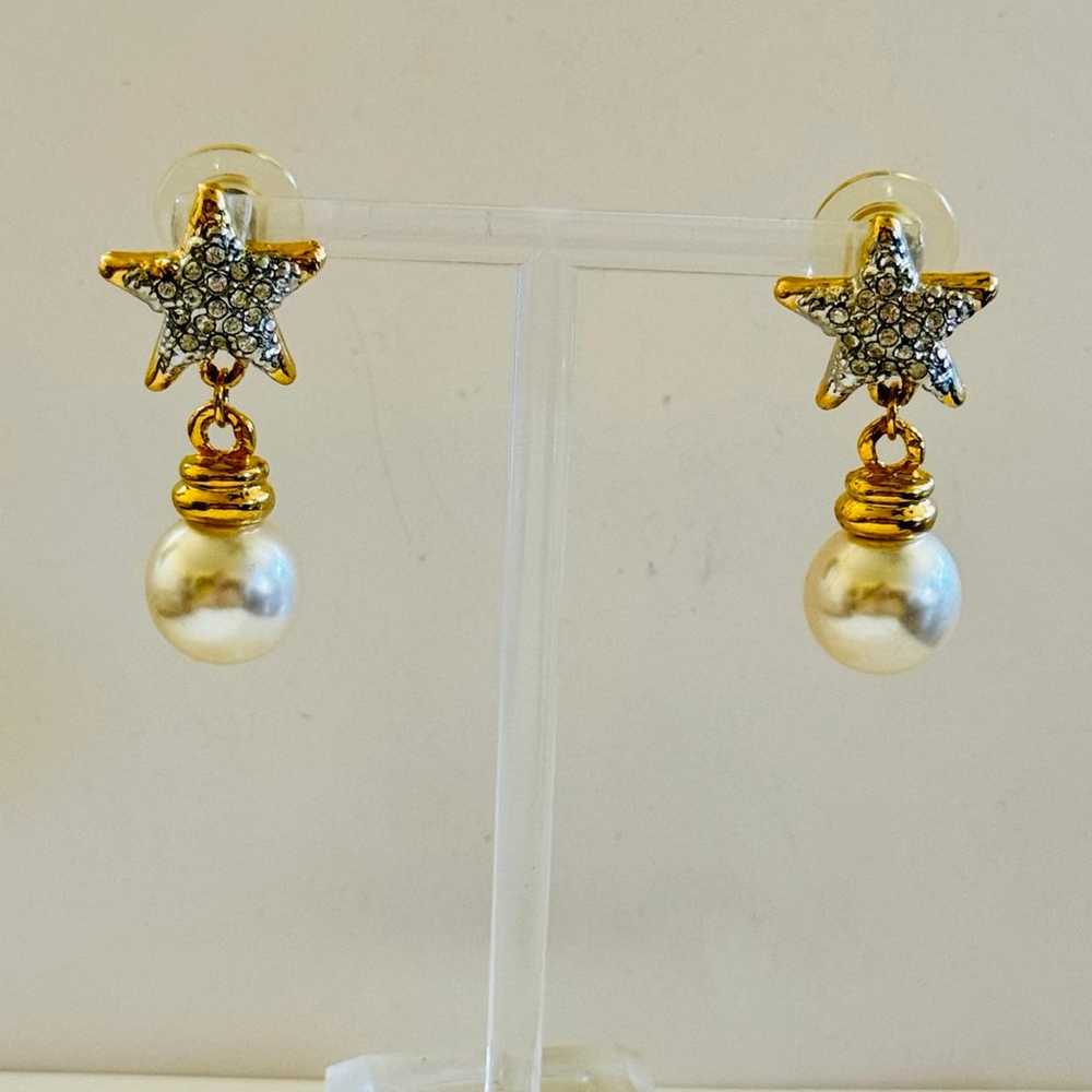 VTG Earrings Star Gold Tone Rhinestone Pearl Drop… - image 5