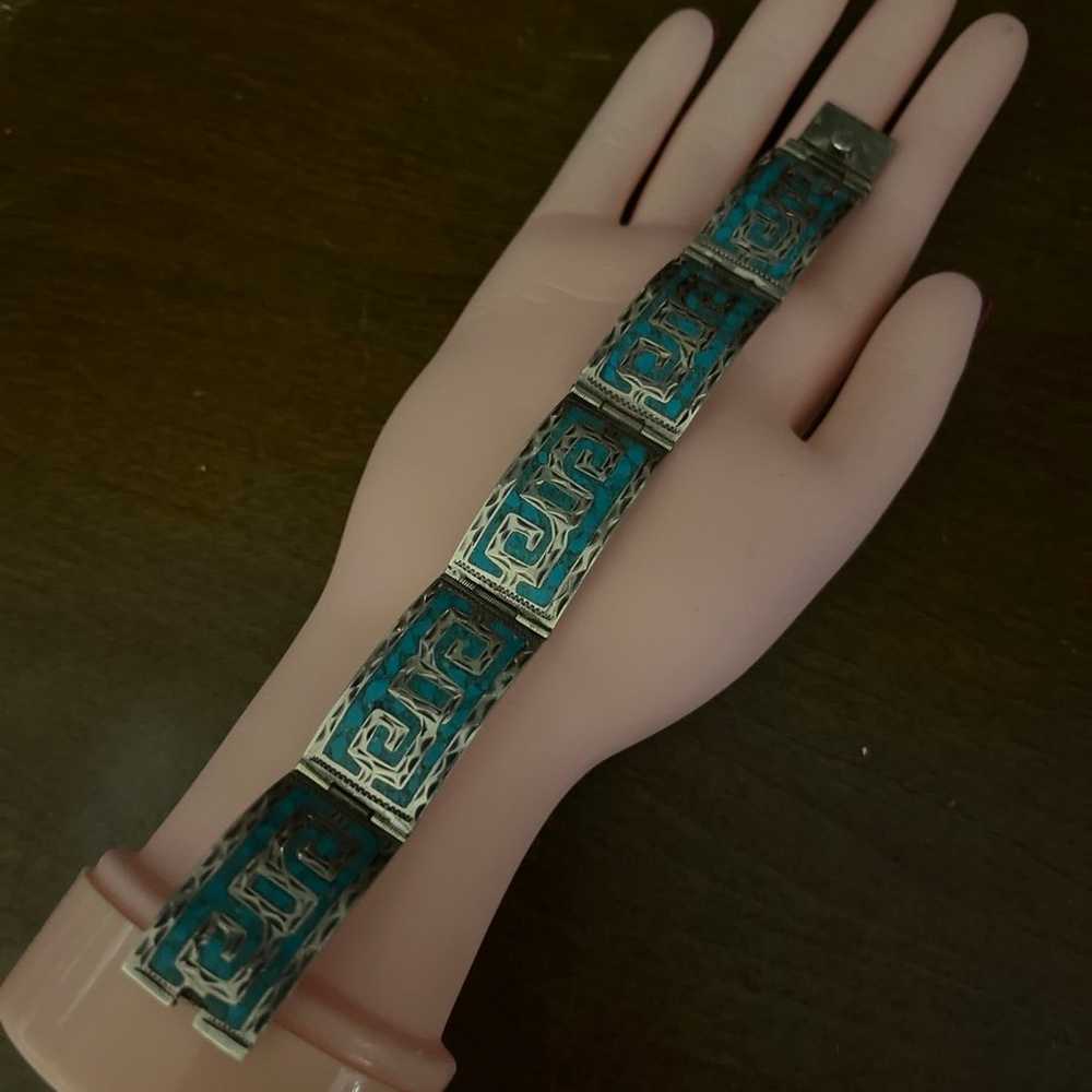 Vintage 925 Taxco Mexico Inlaid Turquoise Link Br… - image 11
