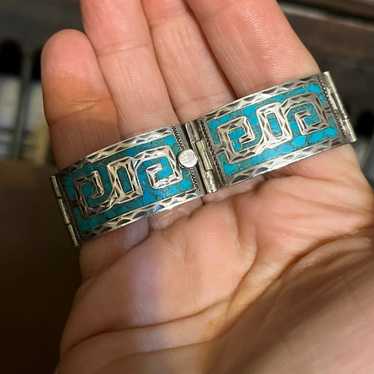 Vintage 925 Taxco Mexico Inlaid Turquoise Link Br… - image 1