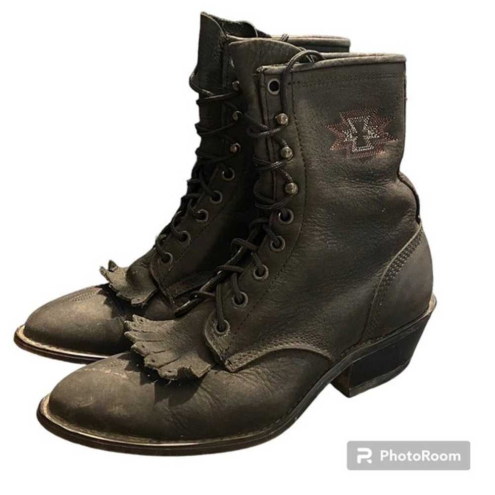 Vintage Laredo Black Leather Pointed Toe Fringe B… - image 1