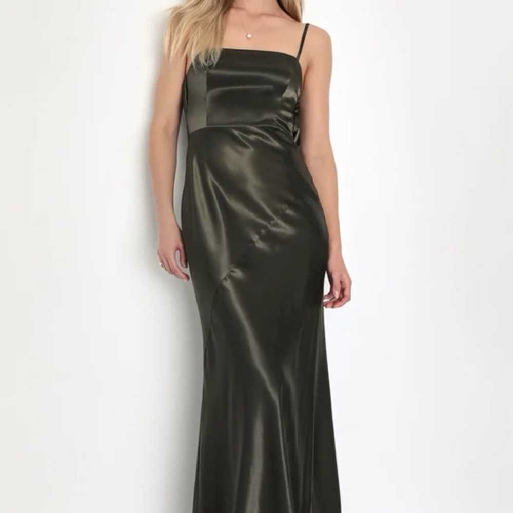 Lulus Endlessly intriguing olive green satin maxi… - image 1