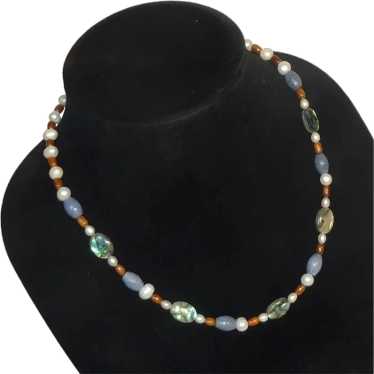 Blue White and Brown Beaded Necklace
