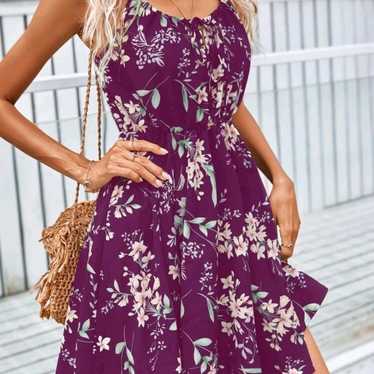 Boho Purple Floral Print Tie Front Cami Dress XSm… - image 1